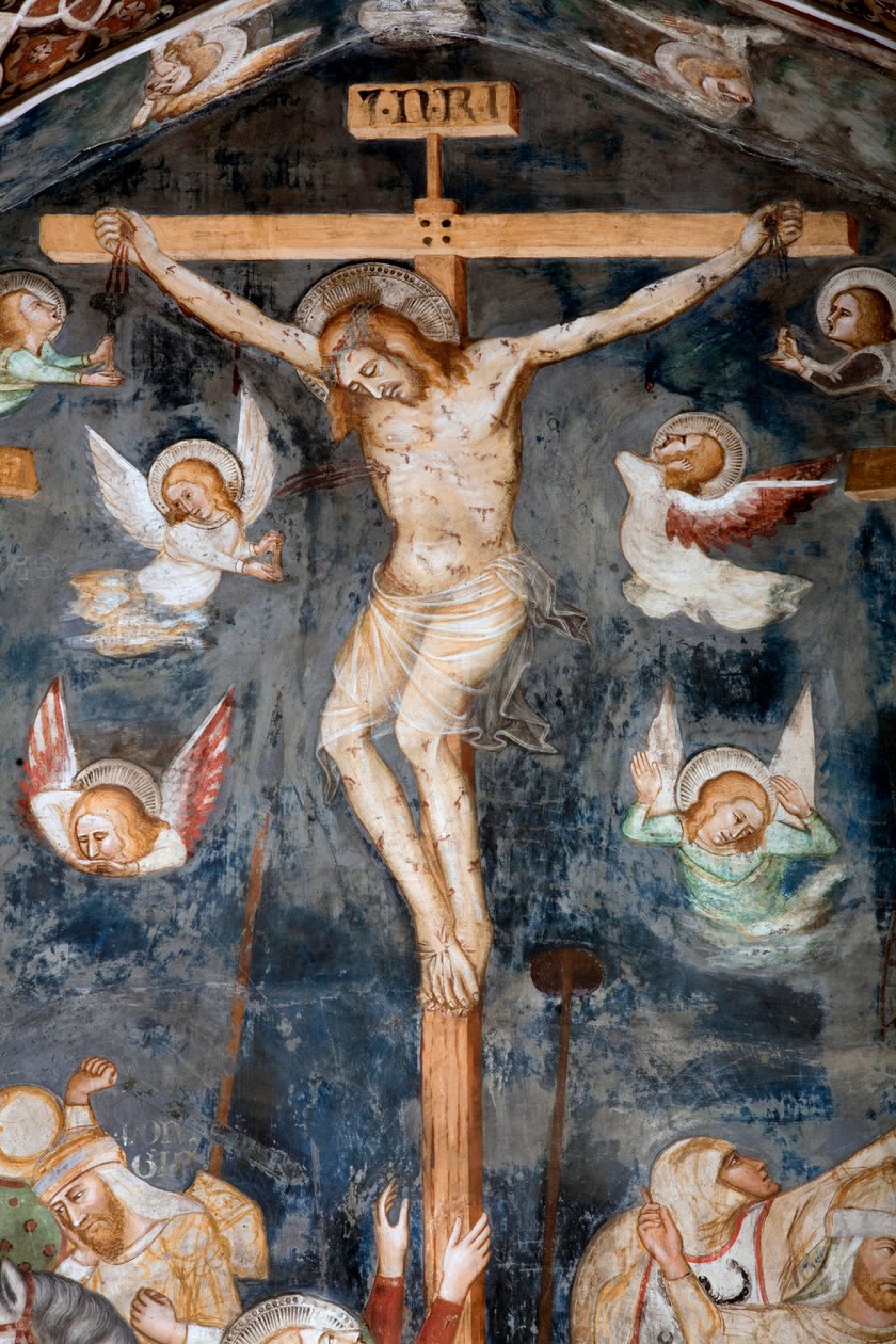 O Detalhe da Crucificação representando Cristo com a inscrição INRI de Master Trecentesco of Sacro Speco School