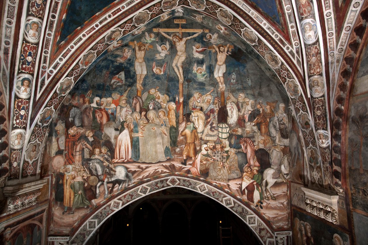O Crucifixo Fresco do Mestre do Sacro Speco. Século XIV. Igreja Superior. Mosteiro de São Benedetto (Sacro Speco), Subiaco (Roma), Itália. de Master Trecentesco of Sacro Speco School