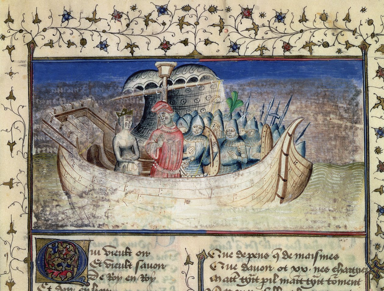 Brutus, o cavalo de Tróia, navega para a Grã-Bretanha, da história dos reis da Grã-Bretanha por Geoffrey of Monmouth (1100-54) de Master Wistace