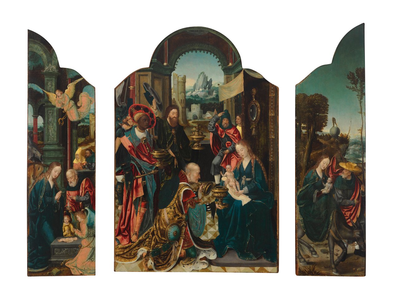 Um tríptico: o painel central: A Adoração dos Magos; a ala esquerda: A Natividade; a ala direita: A fuga para o Egito de Master of 1518