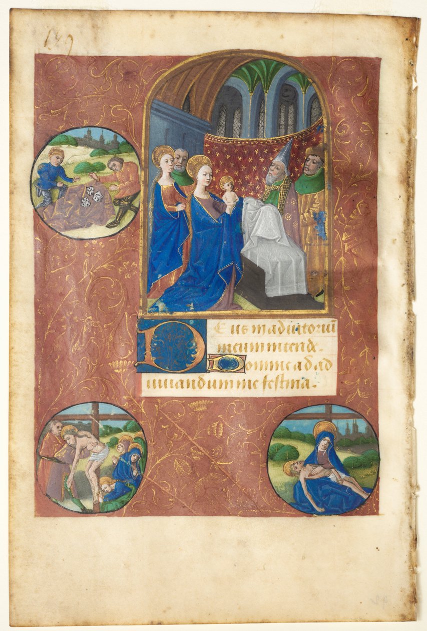 Folha de um livro de horas: apresentação no templo com roundels do lançamento de lotes..., c1460 de Master of Adélaïde de Savoie