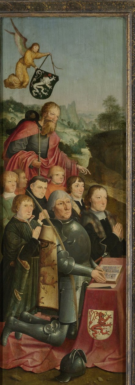 Painel Memorial com oito retratos masculinos, provavelmente Willem Jelysz van Soutelande e Família, com São Tiago o Grande e o Brasão da Família Van Soutelande, ala interior esquerda de um retábulo de Master of Alkmaar