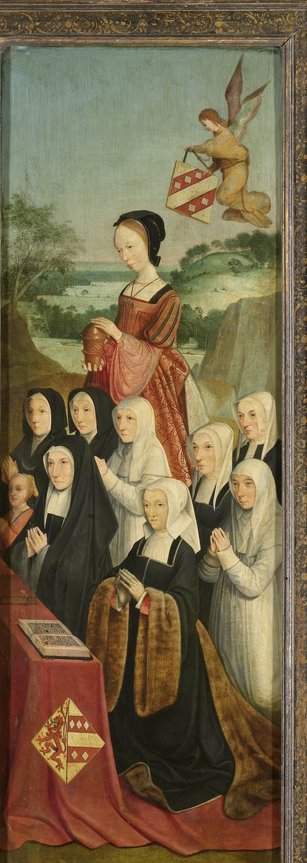Painel Memorial com Nove Retratos Femininos, provavelmente Kathrijn Willemsdr van der Graft e Família, com Santa Maria Madalena e a Família Van der Soutelande e Van der Graft-Van Soutelande Crests, ala interior direita de um retábulo de Master of Alkmaar