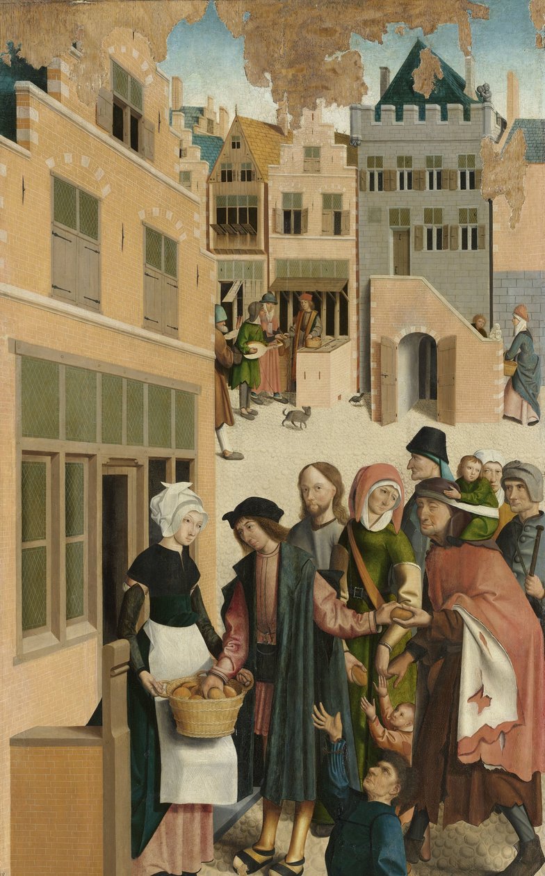 As sete obras de misericórdia Painel de um políptico com as sete obras de caridade: alimentando os famintos de Master of Alkmaar