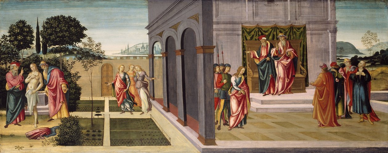 Susanna e os Anciãos no Jardim, e o Julgamento de Susanna diante dos Anciãos, c.1500 de Master of Apollo and Daphne