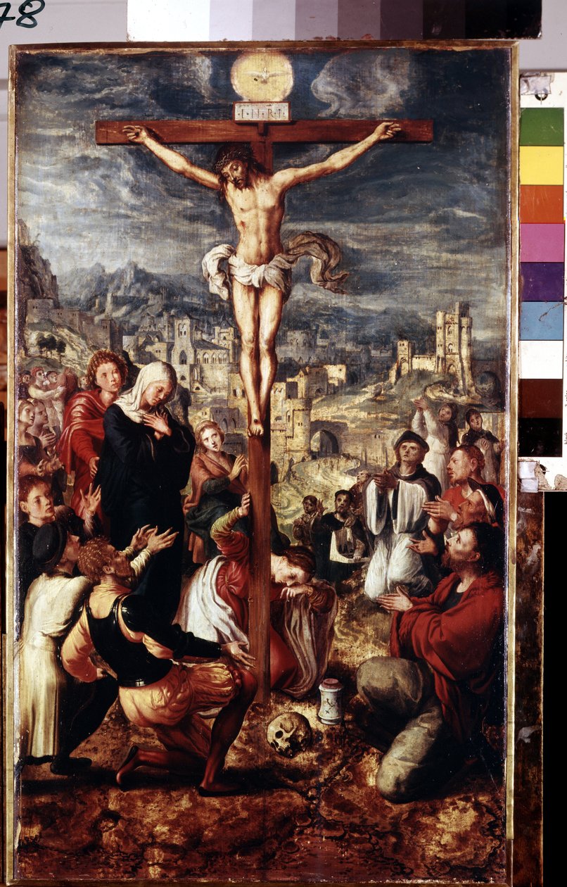 Calvário (Calvário). Oração em torno do Cristo crucificado com a cidade de Jerusalém como pano de fundo. Inscrição "I.N.R.I.". (INRI) na cruz e por cima da pomba do espírito santo. Entre as personagens representadas em torno de Jesus Cristo: a Virgem Maria de Master of Brunswick