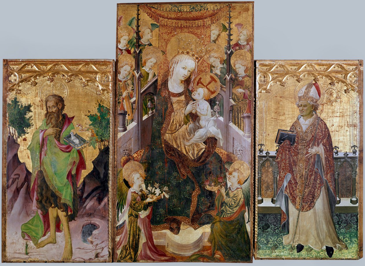 Virgem com criança, São João Batista e Santo Ambrósio - Altarpe com três painéis, por volta de 1430 de Master of Burgo de Osma