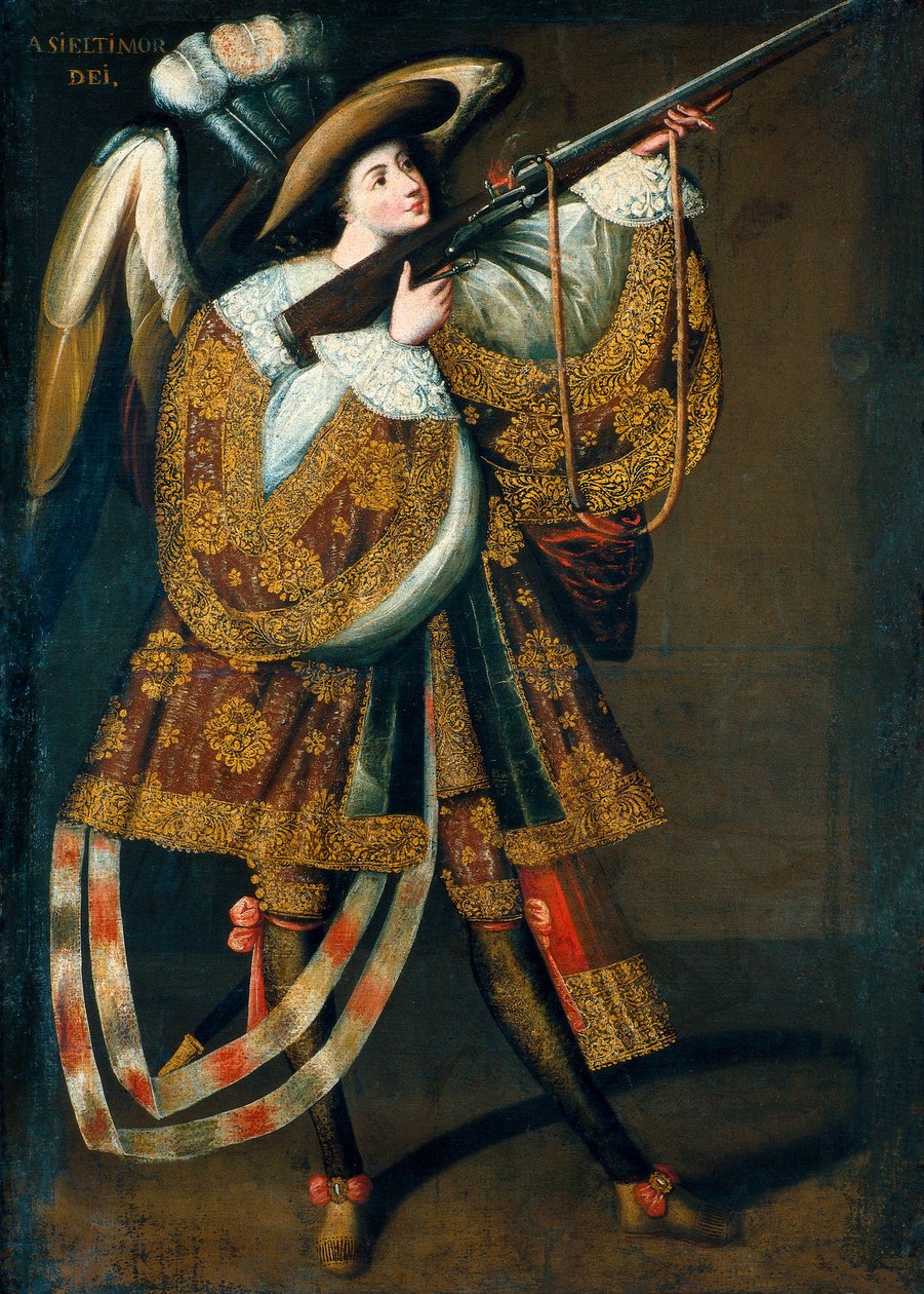 O anjo arcabuzeiro, parte de uma série de pinturas do Mestre de Calamarca de Master of Calamarca