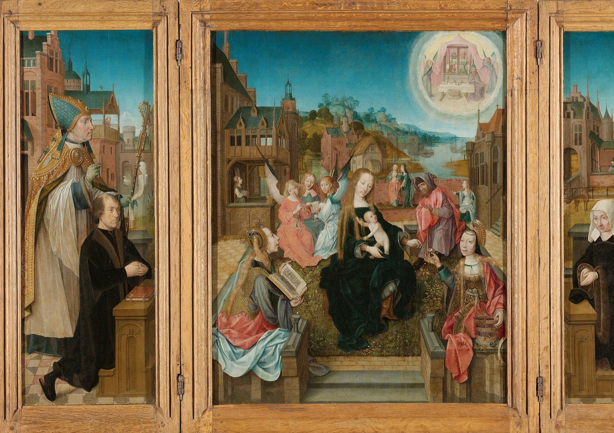 Tríptico com Virgem e Criança com Santos (centro), Doador masculino com São Martinho (esquerda, ala interior), Doador feminino com São Cunera (direita, ala interior), e a Anunciação (asas exteriores) de Master of Delft