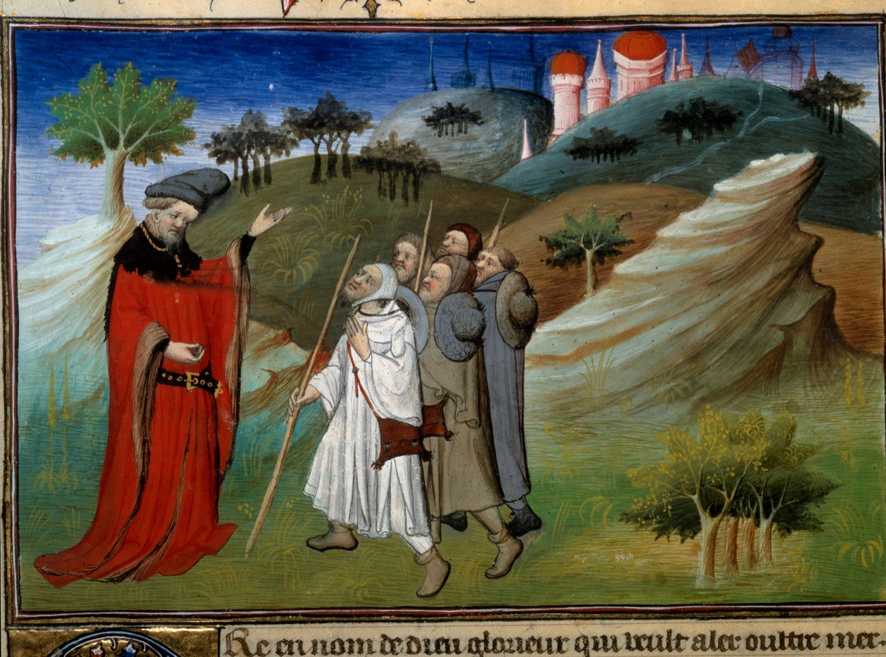 Des pelerins sur la route de la terre sainte Miniature in "Voyages" escrito por John (Jehan de Mandeville) (1300? - 1372), alistado pelo Mestre de Egerton, cerca de 1410-1412, da colecção de manuscritos (Ms 2810, Folio 142v.) "Book of Wonders and de Master of Egerton