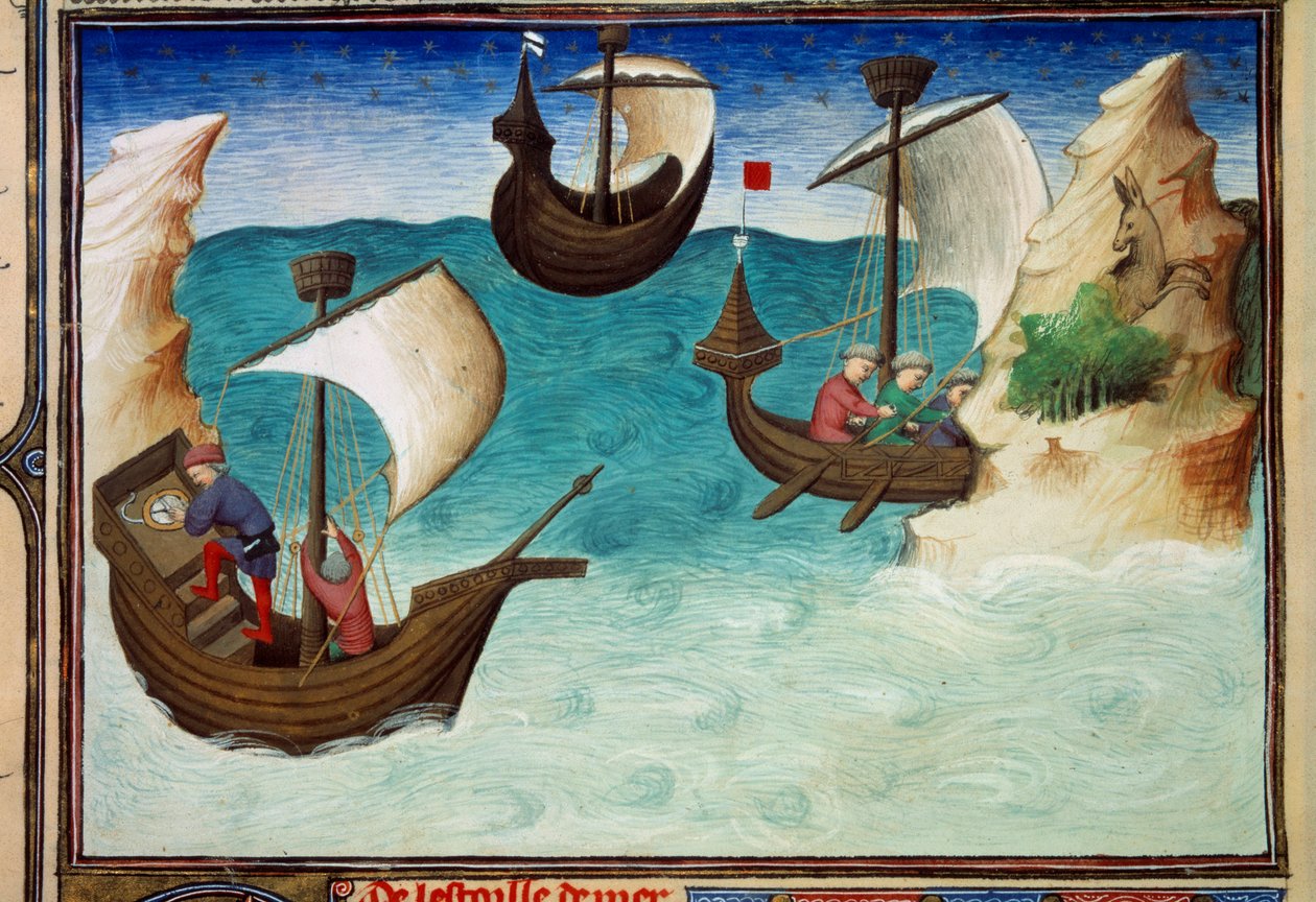 Navegadores no Oceano Índico orientados com estrelas e astrolábio. Miniatura em "O Livro das Maravilhas do Mundo", Sra. 2810, fólio 188v iluminado pelo Mestre de Egerton, escrito por John (Jehan) de Mandeville (1300? 1382). Por volta de 1410-1412. BN, Pari de Master of Egerton