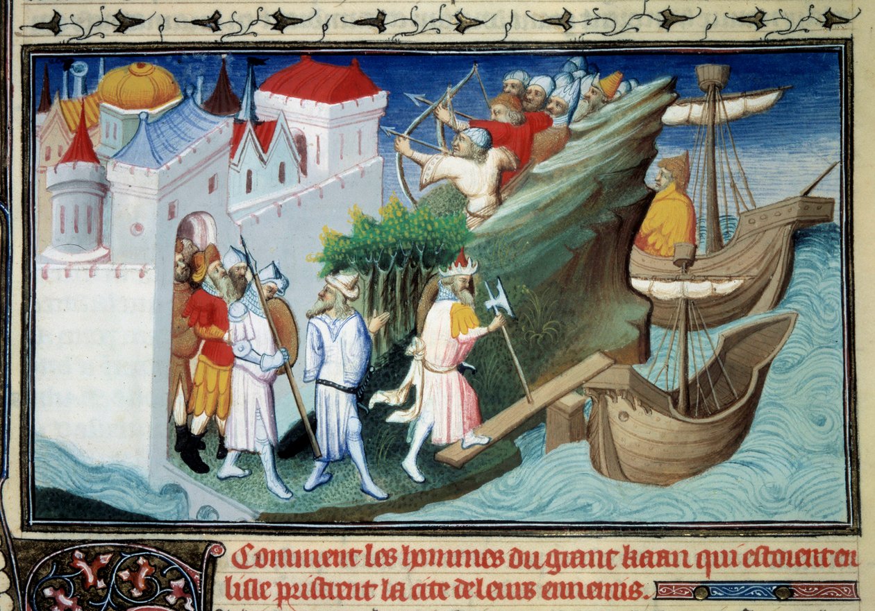 O Grande Khan contra os japoneses ou "Como os homens do Grande Khan que cercaram a ilha levaram a cidade dos seus inimigos". Miniatura retirada de "O Livro das Maravilhas" de Marco Polo (1254-1324). Iluminado por Mestre de Egerton de Master of Egerton