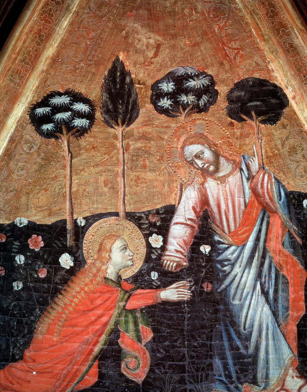 Noli me tangere (Ne me pas touche) Detalhe do tríptico de São Vicente de Estopinan del castillo (Tríptico de São Vicente de Estopinan del castillo) Pintura do maitre de Estopanya (Pintura do mestre de Estopinan) 1350-1370 Barcelona, Museu Nacional d