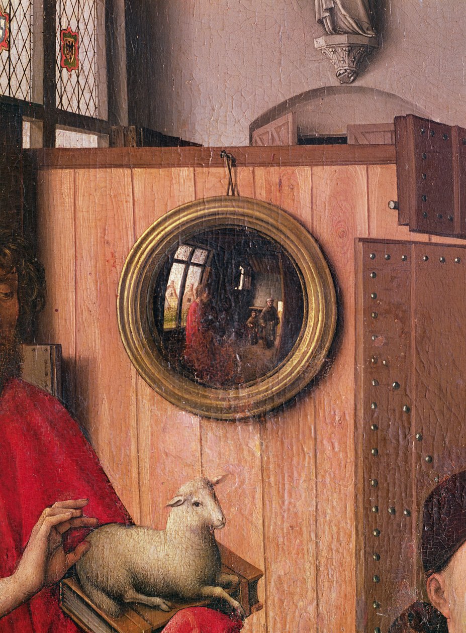 São João Batista e o Doador, Heinrich von Werl, do Retábulo dos Lobisomens, detalhe do espelho, c.1438 (ver também 36923) de Master of Flémalle
