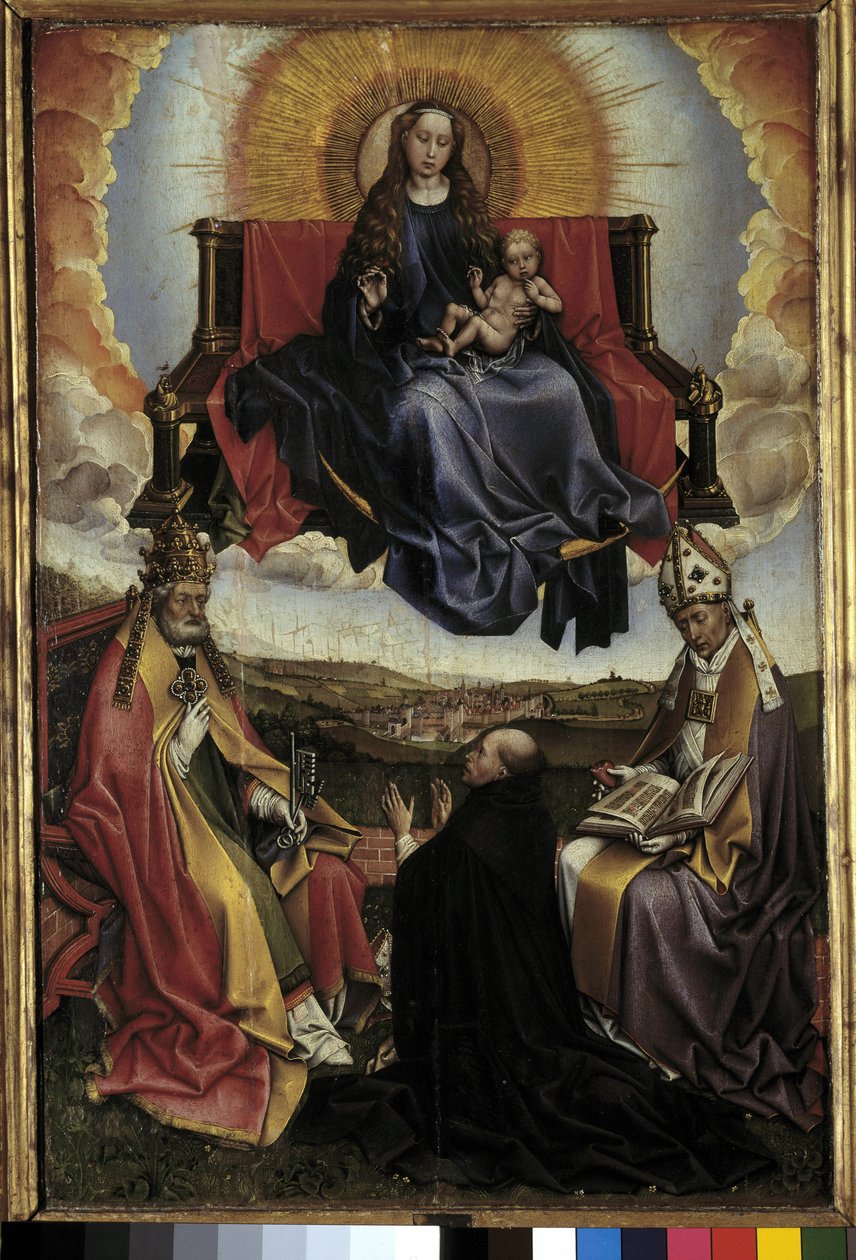 Virgem na Glória entre São Pedro e Santo Agostinho. Pintura de Robert Campin chamado o Mestre de Flemalle (1378-1444) Musee Granet, Aix en provence de Master of Flémalle
