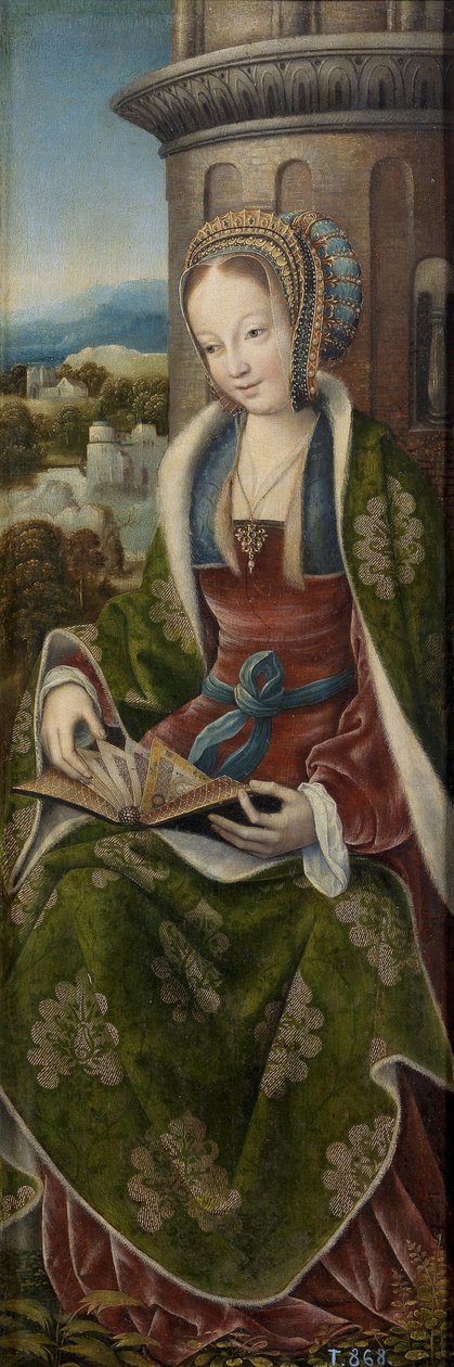 Barbe la grande martyre - Tríptico da Sagrada Família com música fazendo anjos. Painel direito: Santa Bárbara par Master de Frankfurt (1460-ca. 1533), ca 1510-1520 - Óleo sobre madeira, 79x27 - Museo del Prado, Madrid de Master of Frankfurt