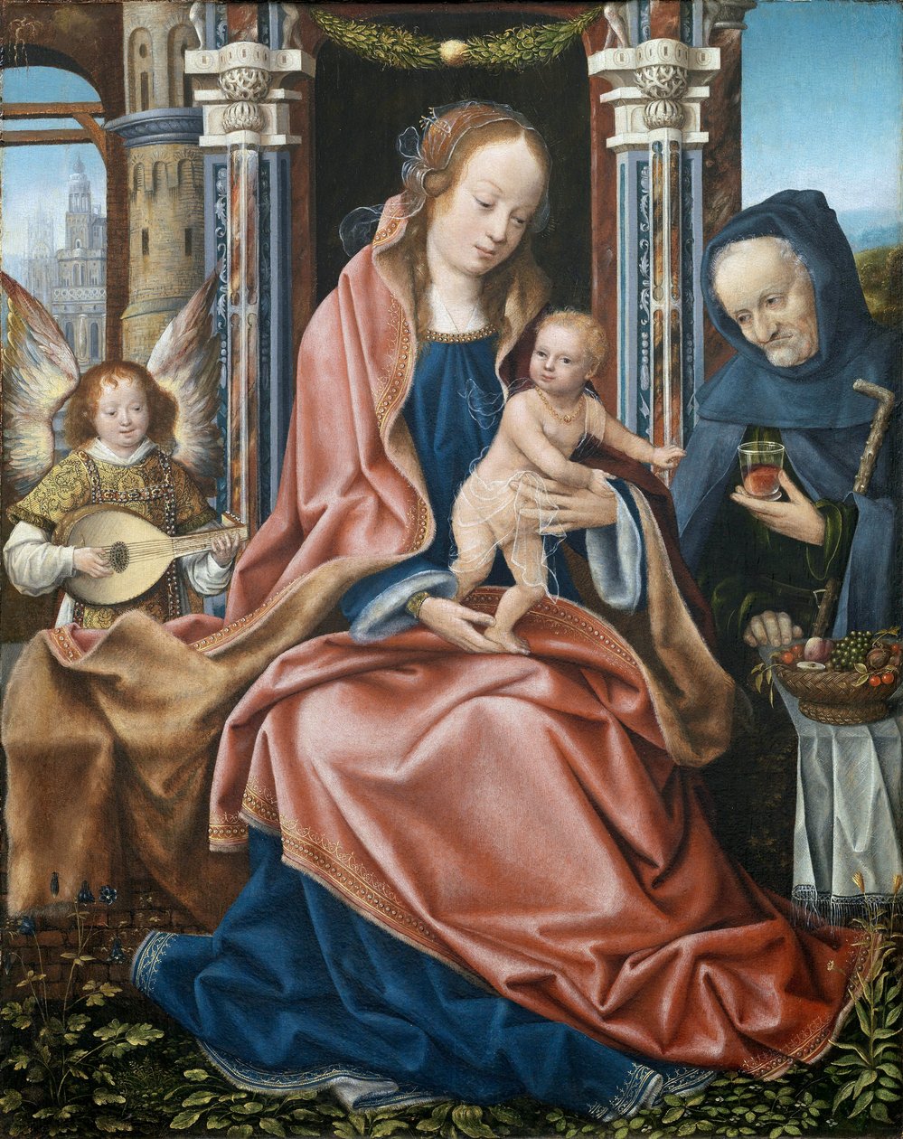 La sainte famille - Tríptico da Sagrada Família com música fazendo anjos - Panneau central, peinture du maitre de Francfort (versos 1460-1533), ca 1510-1520 - Óleo sobre madeira, 78x60 - Museo del Prado, Madrid de Master of Frankfurt