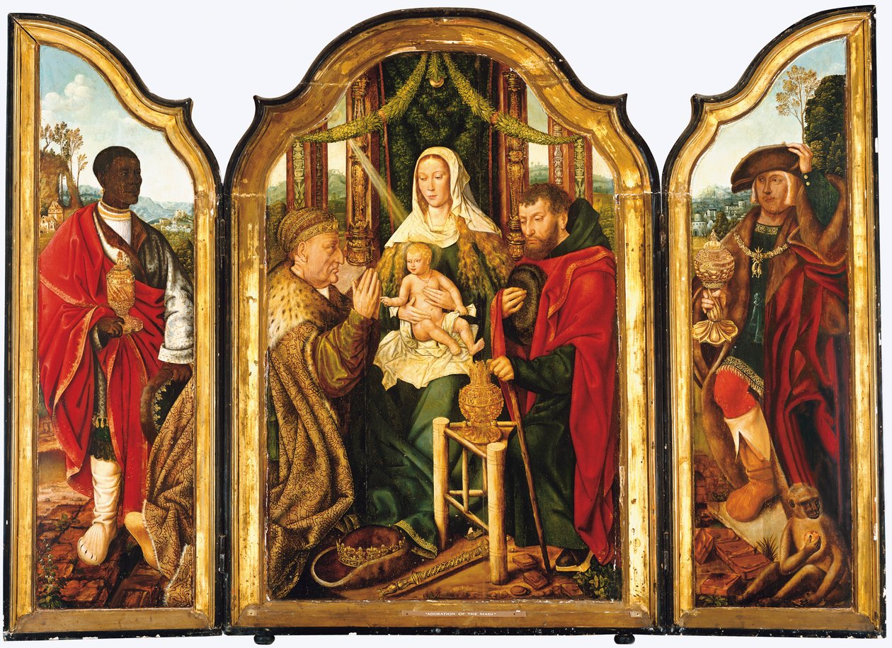 A Sagrada Família com Melchior oferecendo ouro ao Menino Jesus de Master of Frankfurt