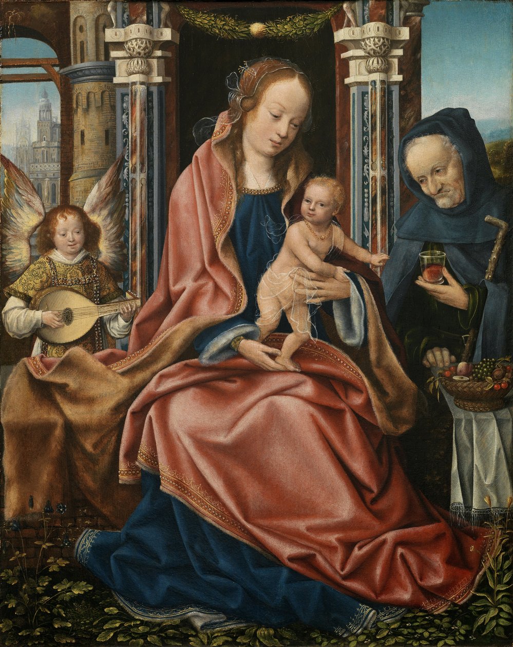 Tríptico da Sagrada Família, com música fazendo anjos. Painel central, ca 1510-1520 de Master of Frankfurt