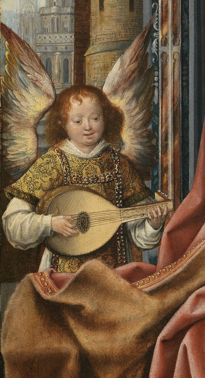 Tríptico da Sagrada Família, com música fazendo anjos. Detalhe: O Anjo, ca 1510-1520 de Master of Frankfurt