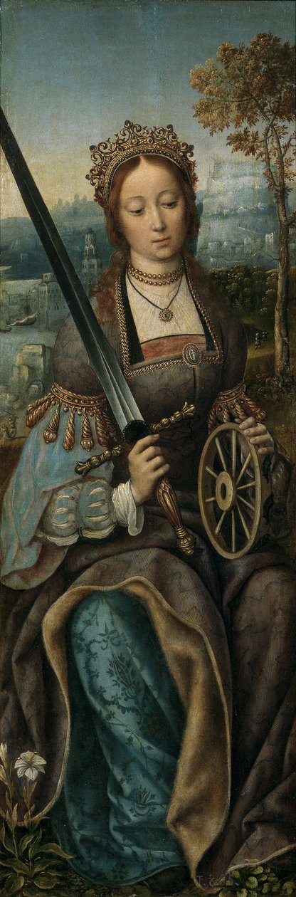Tríptico da Sagrada Família, com música fazendo anjos. Painel esquerdo: Santa Catarina, ca 1510-1520 de Master of Frankfurt