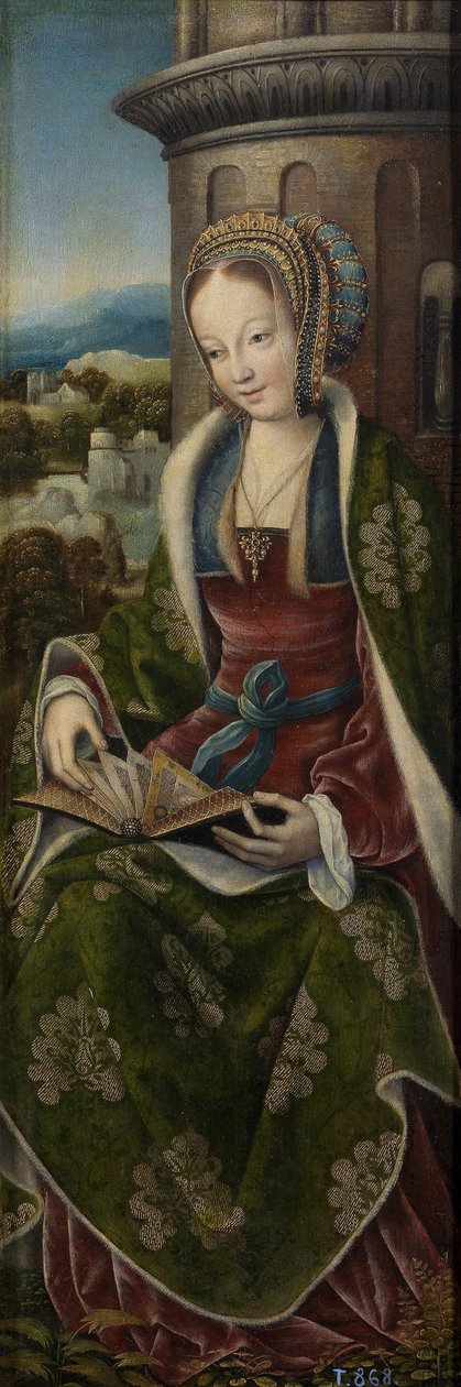 Tríptico da Sagrada Família, com música fazendo anjos. Painel direito: Saint Barbara, ca 1510-1520 de Master of Frankfurt