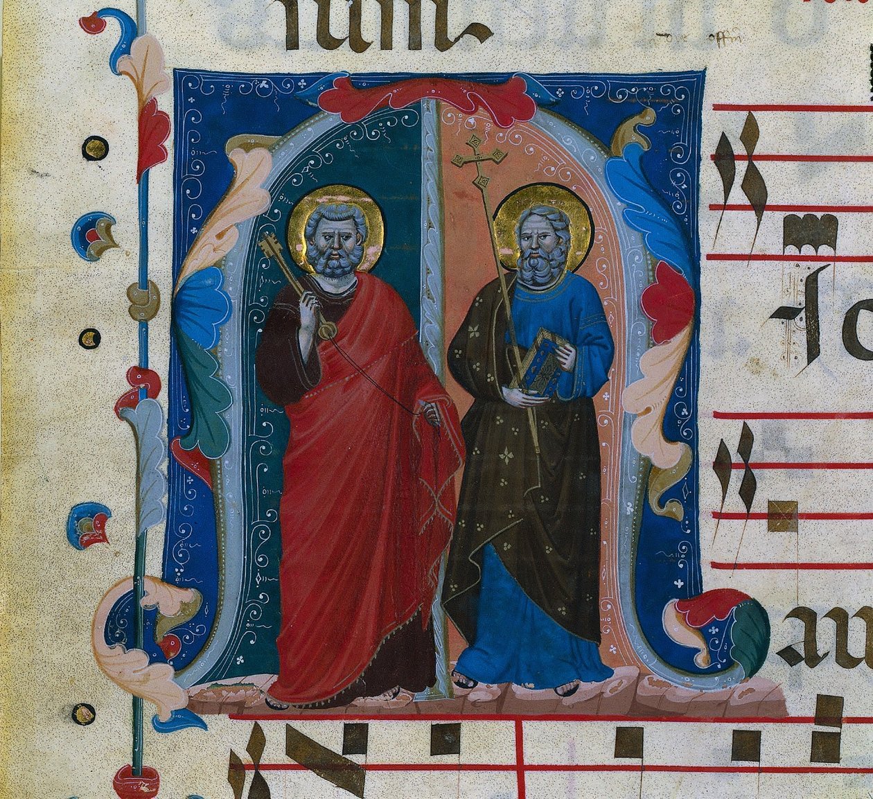 Folha de um Gradual com inicial historiada M: SS. Pedro e André, c. 1320-1340. de Master of Isaac and Esau