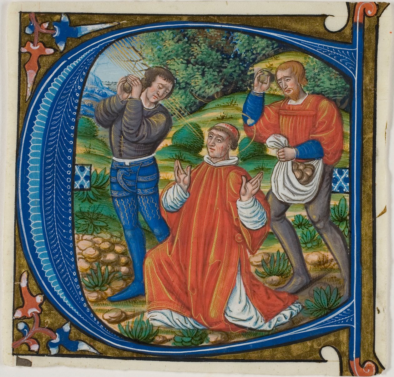 O apedrejamento de Santo Estêvão em uma inicial historiada "A" ou "C" de um Gradual de Master of Jacques de Besançon