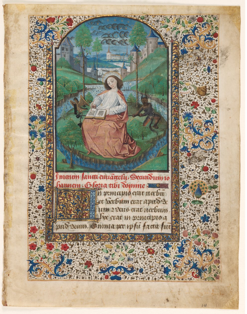 Folha de um livro de horas: João em Patmos 1 de 2 folhas excisadas, c. 1465. de Master of Jacques de Luxembourg