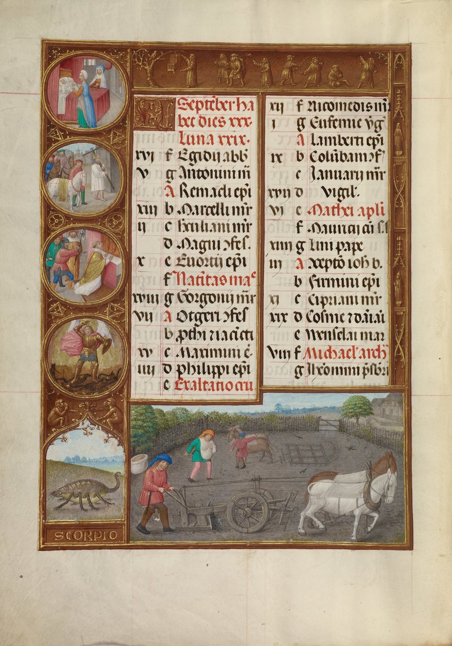 Página do calendário de setembro; Lavoura e sementeira; Escorpião de Master of James IV of Scotland