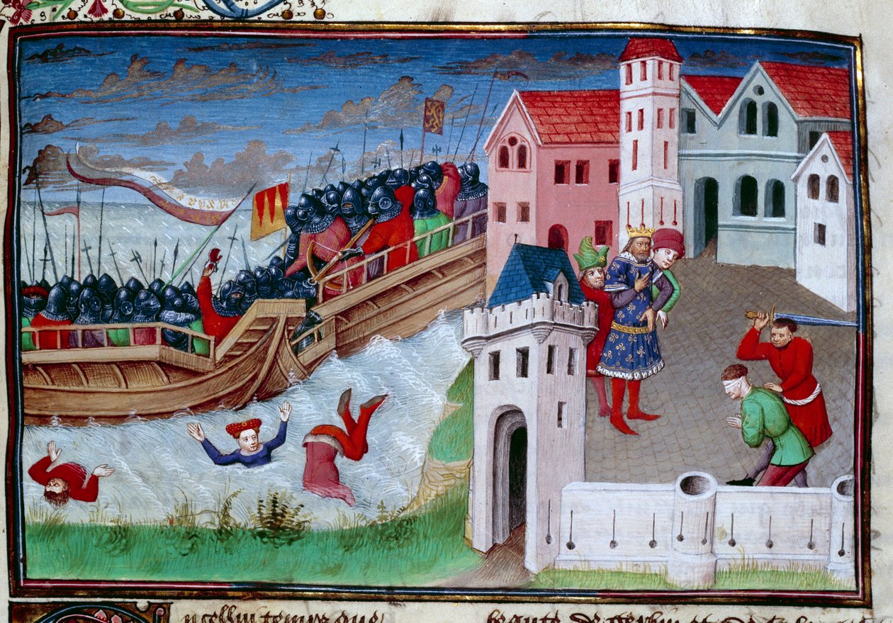 Cena de batalha e decapitação. Ilustração do romance “O Decameron” de Giovanni Boccaccio (Jean Boccace de Master of Jean Mansel