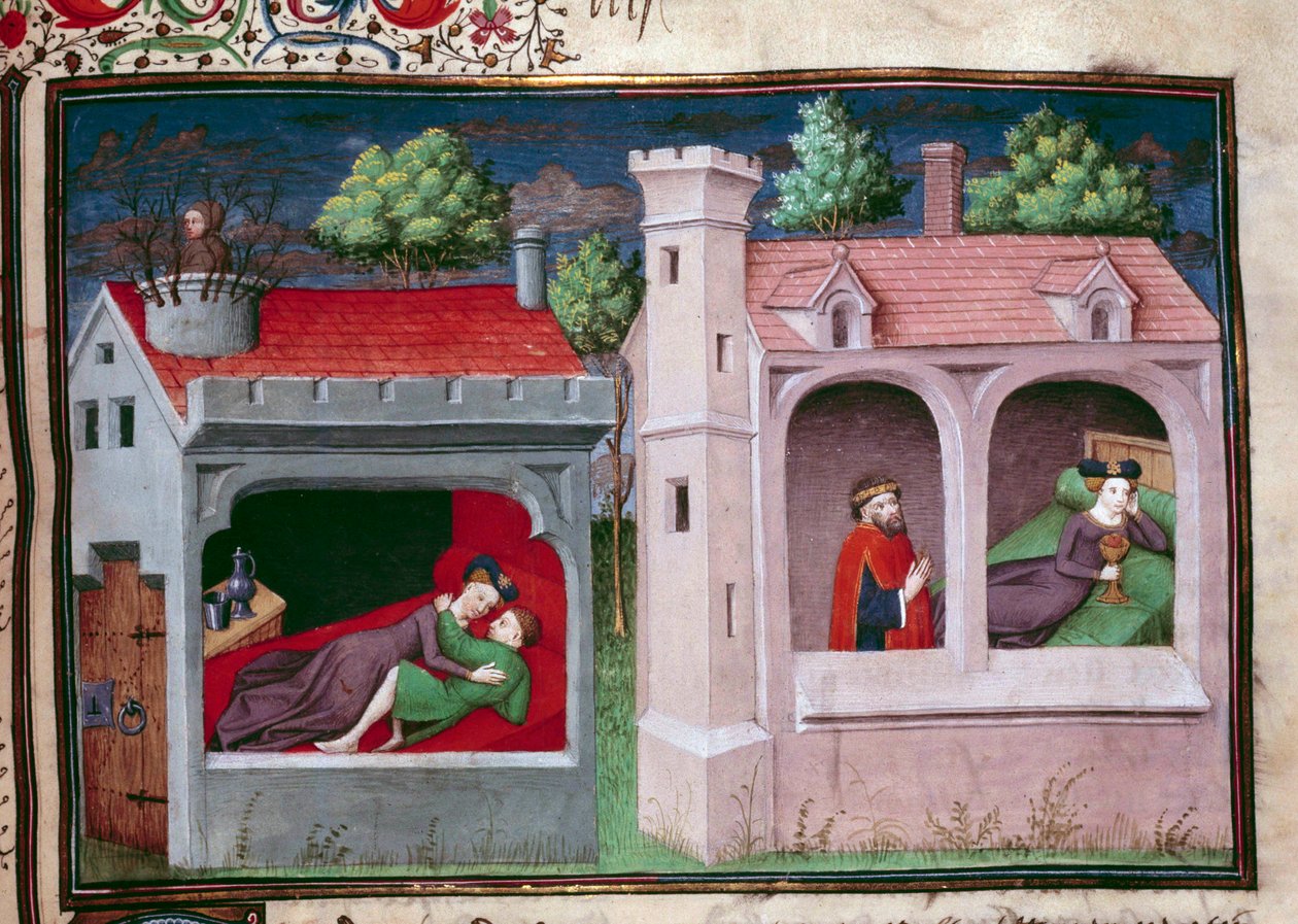 Cena galante: dois casais conversando. Página de um manuscrito em francês do “Decameron” de Giovanni Boccaccio dit Jean Boccace (1313-1375), escritor italiano, iluminado pelo Mestre de Mansel. 1450. Paris, Biblioteca do Arsenal de Master of Jean Mansel
