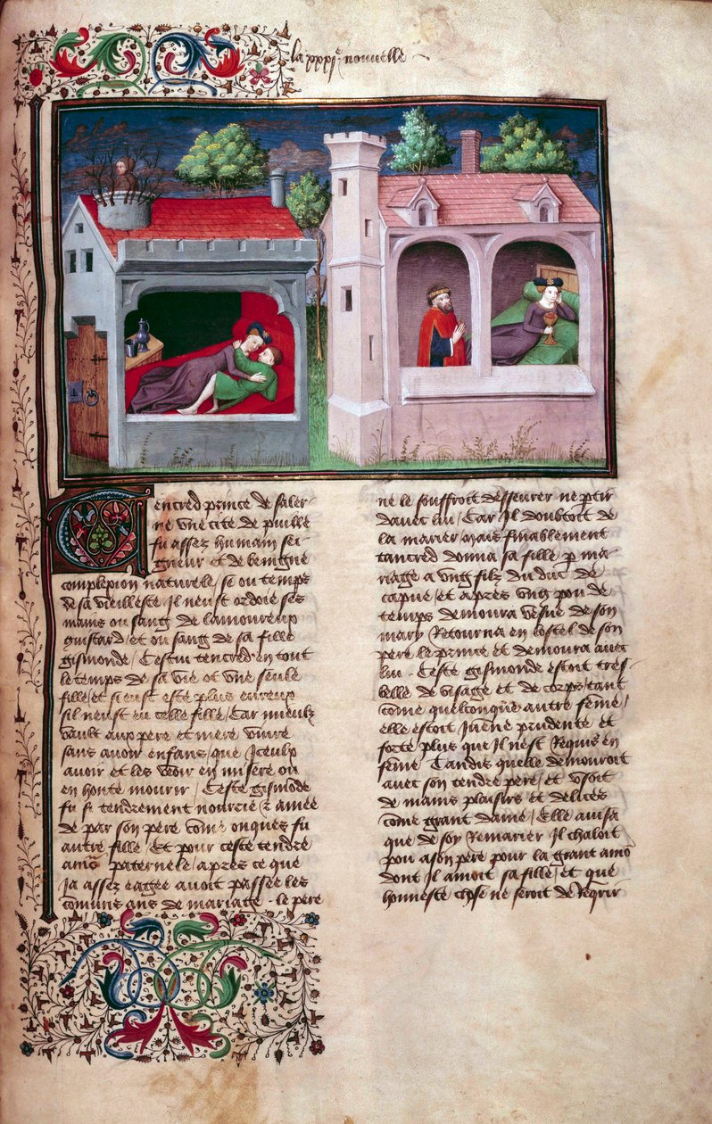 Cena galante: dois casais a conversar. Página de um manuscrito em francês do "Decameron" de Giovanni Boccaccio dit Jean Boccace (1313-1375), escritor italiano, alistado pelo Mestre de Mansel. 1450. Paris, Biblioteca do Arsenal de Master of Jean Mansel