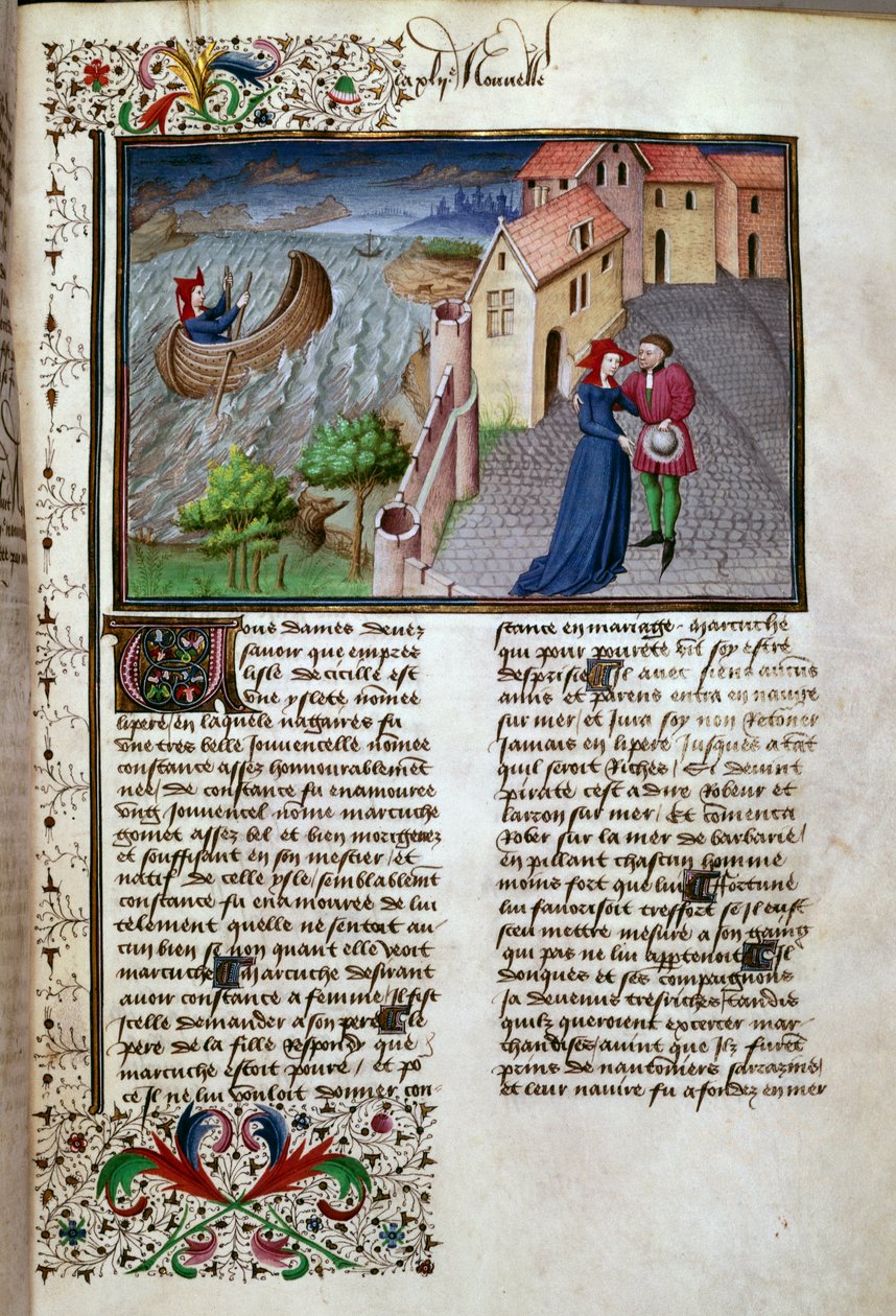 A página de partida retirada de um manuscrito em francês do "Decameron" de Giovanni Boccaccio dit Jean Boccaccio (1313-1375), escritor italiano, iluminado pelo Mestre de Mansel. 1450. Paris, Biblioteca do Arsenal de Master of Jean Mansel