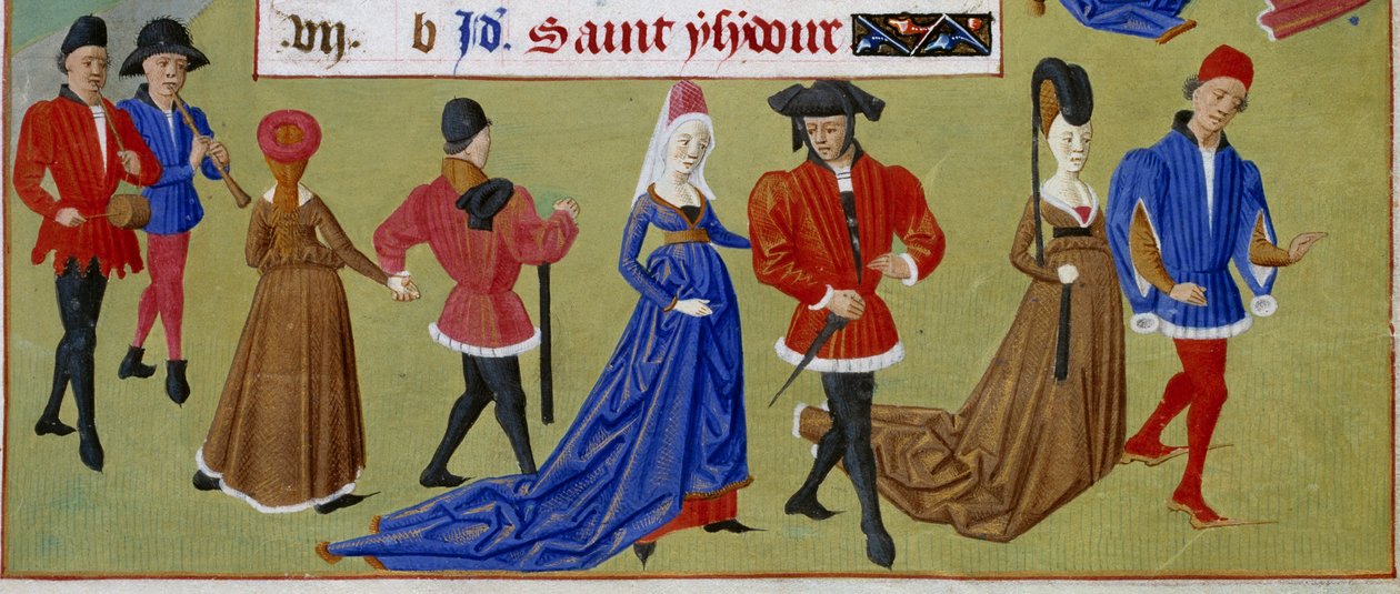 Maio: os cortesãos caminham. Detalhe de uma página manuscrita iluminada tirada do "Livro de Horas da Duquesa de Borgonha, Adelaide of Savoy" pelo Mestre de Adelaide of Savoy (século XV) e pelo Mestre de Jean Rolin (século XV) de Master of Jean Rolin II