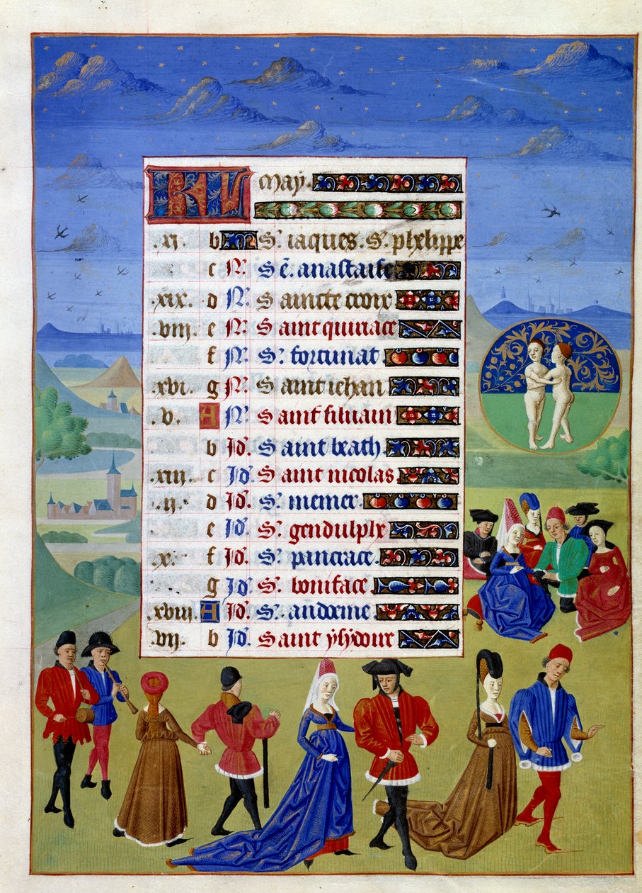 Maio: os cortesãos caminham. Página de manuscrito iluminada retirada do "Livro de Horas da Duquesa de Borgonha, Adelaide de Sabóia" pelo Mestre de Adelaide de Sabóia (século XV) e pelo Mestre de Jean Rolin (século XV). de Master of Jean Rolin II