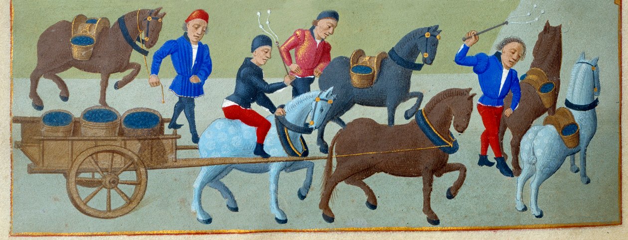 A vindima e o transporte Detalhe de uma página manuscrita iluminada tirada do "Livro de Horas da Duquesa de Borgonha, Adelaide de Savoy" pelo Mestre de Adelaide de Savoy (século XV) e pelo Mestre de Jean Rolin (século XV) de Master of Jean Rolin II