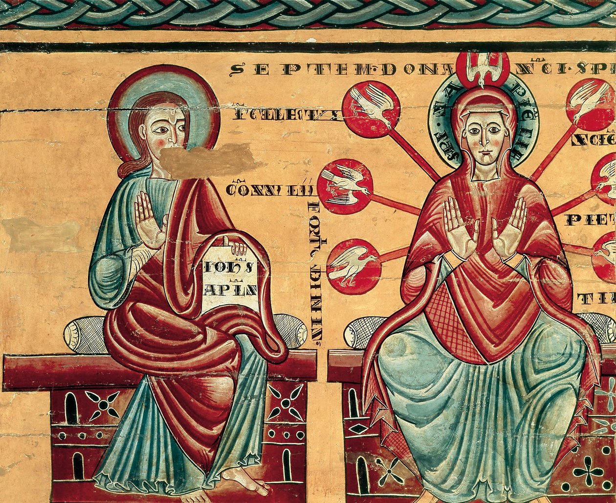 Maria recebendo os dons do Espírito Santo, detalhe (tempera sobre madeira) de Master of Lluca