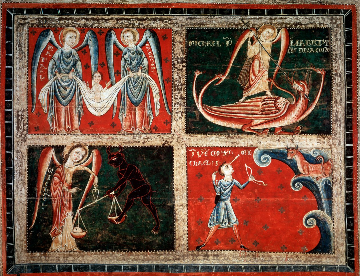 Os Arcanjos Rafael, Michel e Gabriel (Arcanjos Miguel, Gabriel e Rafael) Pintura do mestre de Llussa (Pintura do mestre de Llussa) 1220-1250 Do mosteiro de Santa Maria de Lluca, Espanha Barcelona Museu Nacional d