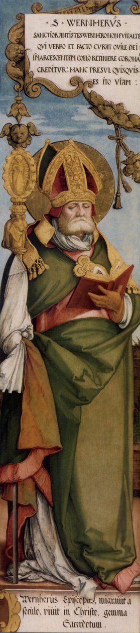  Exterior da ala giratória esquerda do antigo altar-mor da Igreja de São Martinho, St. Werner, Bispo de Merseburg; Maastricht, Bonnefantenmuseum, Inv.No. N.K. 1633 de Master of Messkirch
