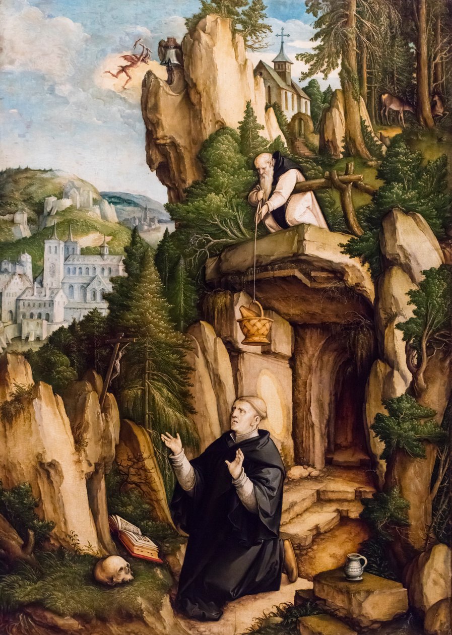 São Bento como eremita orante, ca. 1540 (Têmpera e óleo sobre madeira (pau-brasil)) de Master of Messkirch