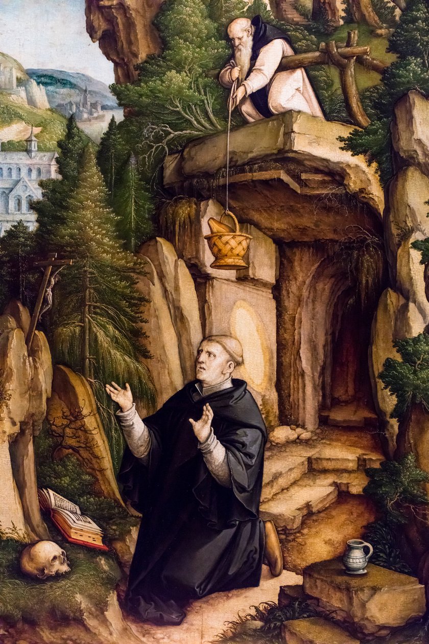 São Bento como eremita orante, ca. 1540 (Têmpera e óleo sobre madeira (pau-brasil)) de Master of Messkirch