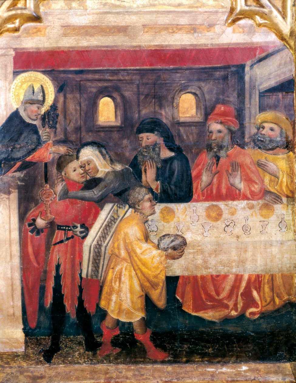 Altarpe de São Nicolau, Santa Clara e Santo António. Detalhe. Cena da vida de São Nicolau Tabla con escena de la vida de São Nicolau. Pintura de O Mestre de OBISPO GALIANA (século XIV). Da Igreja de São Nicolau Vell no Porto, P de Master of Obispo Galiana