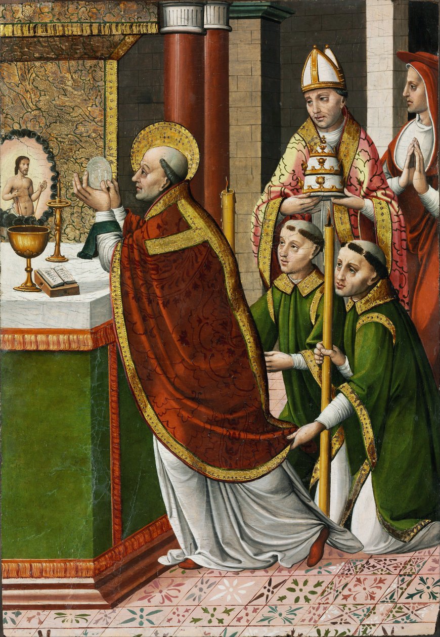 A Missa de São Gregório Magno - Mestre de Portillo (ativo 1520-1530) - c. 1520 - Têmpera no painel - 96,2x66,5 - Szepmuveszeti Muzeum, Budapeste de Master of Portillo