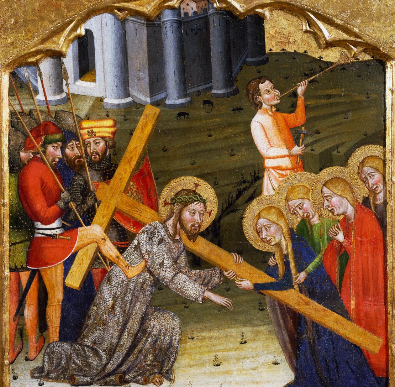 Jesus carregando a Cruz, pelo Mestre de Rubio (século XIV), predella do retábulo da Igreja de Santa Maria, Rubio, pintando sobre madeira. de Master of Rubió