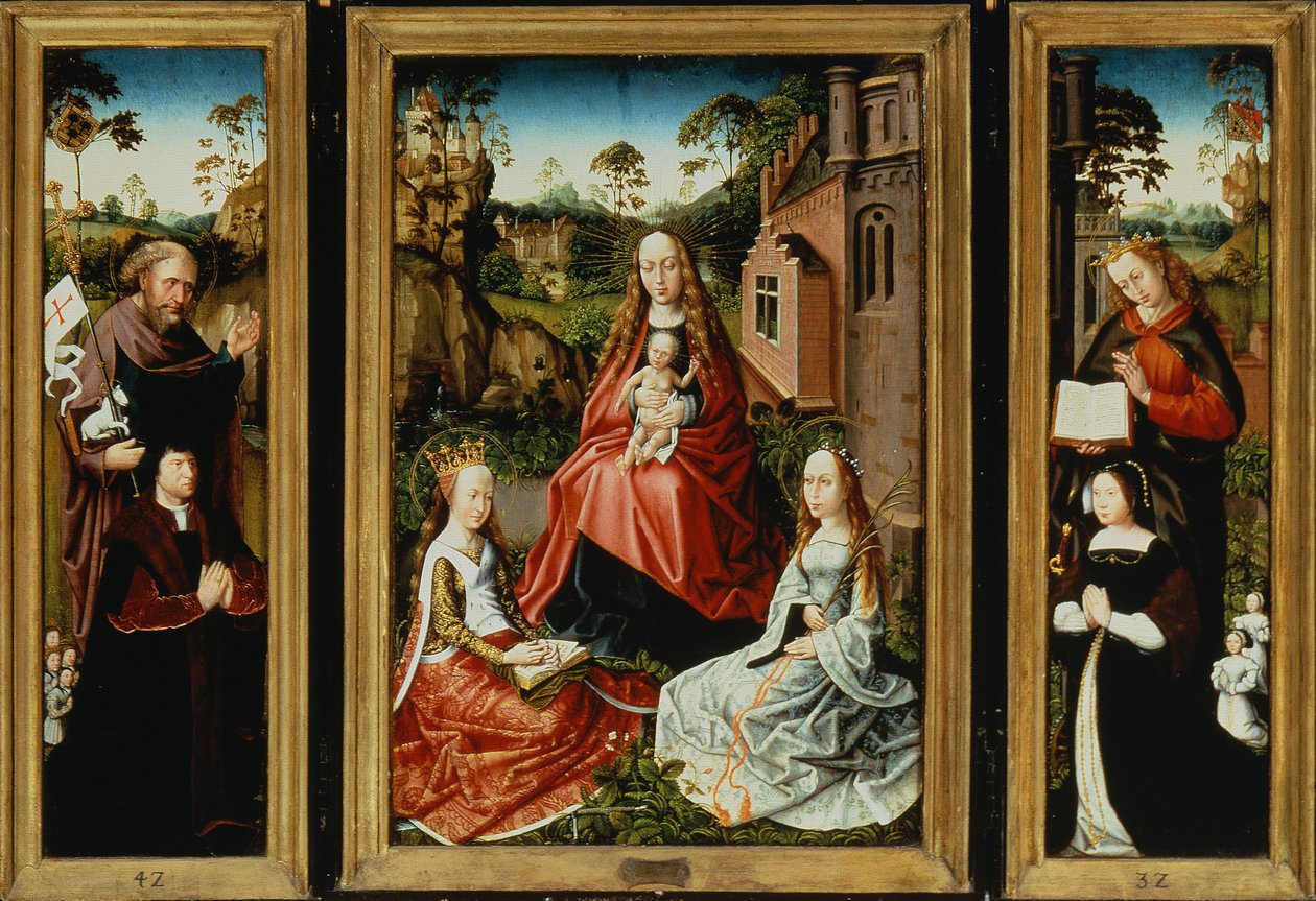 Madonna e Criança com Santos e Doadores (óleo no painel) de Master of Saint Anna