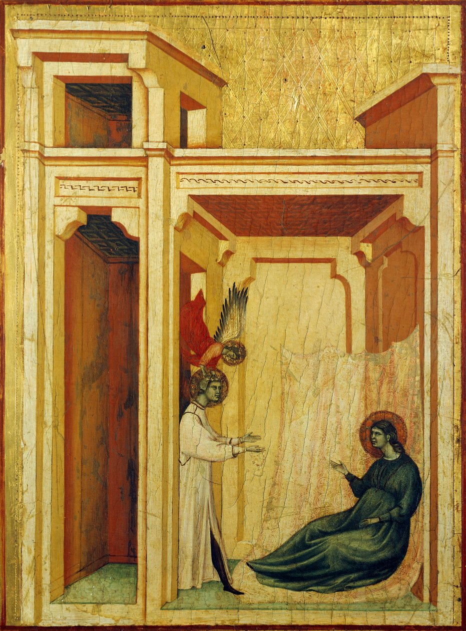 Anjo coroando Valeriana com rosas e lírios, detalhe do retábulo representando Lenda de Santa Cecília, cerca de 1304, pelo Mestre de Santa Cecília (activo no início do século XIV), tempera em painel e folha de ouro estampada, 85x181 cm de Master of Saint Cecilia