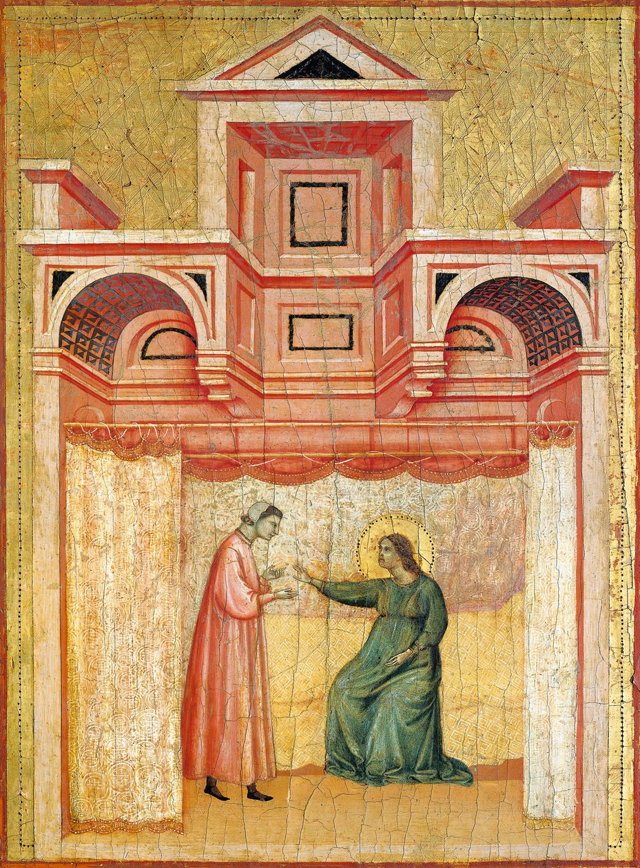 Cecília persuadindo o seu marido Valeriana ao baptismo, detalhe do retábulo representando Lenda de Santa Cecília, cerca de 1304, pelo Mestre de Santa Cecília (activo no início do século XIV), tempera em painel e folha de ouro estampada, 85x181 cm de Master of Saint Cecilia