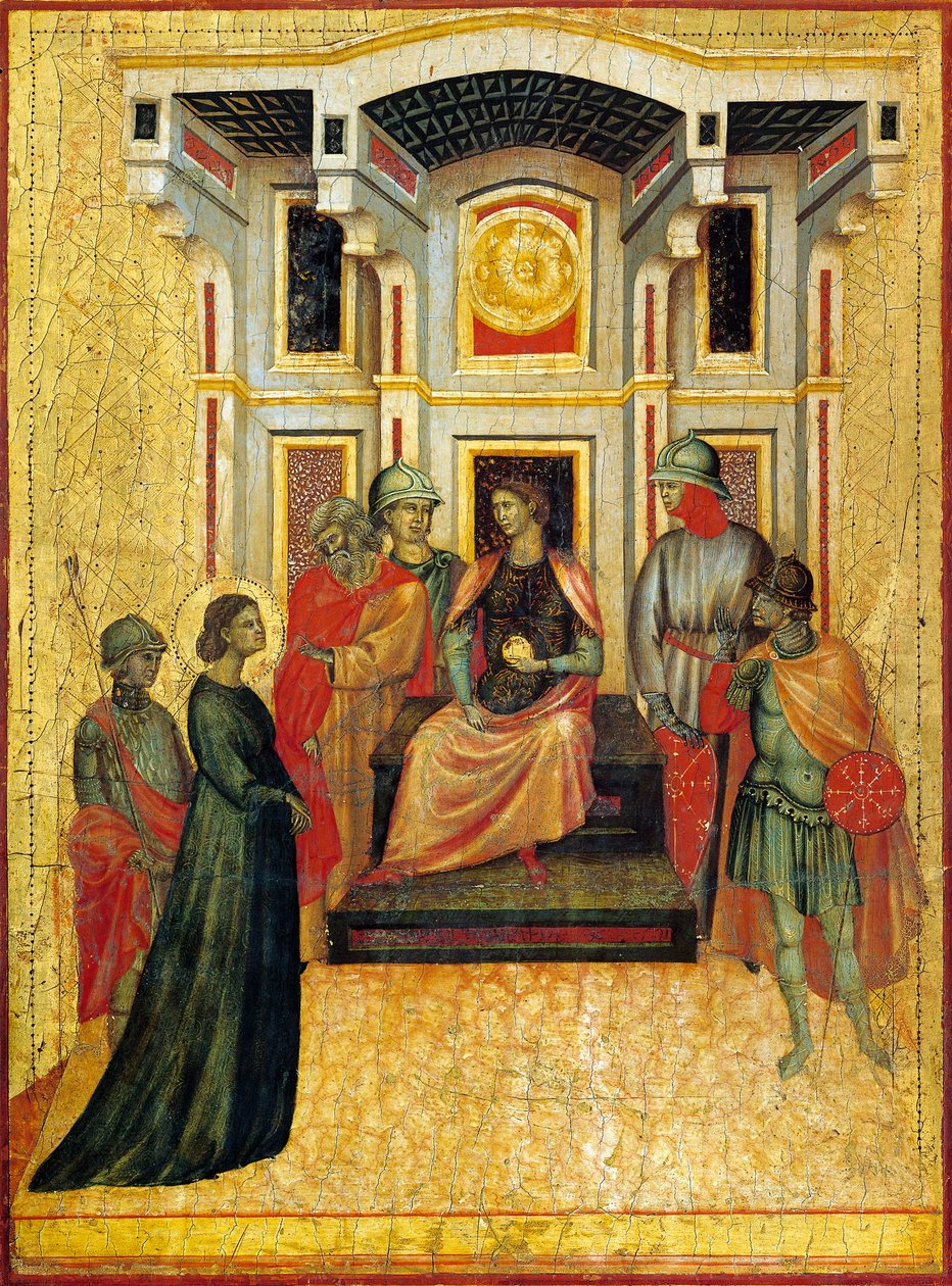 Santa Cecília contrastando questões de fé com prefeito, detalhe do retábulo representando Lenda de Santa Cecília, cerca de 1304, do Mestre de Santa Cecília (ativo início do século XIV), têmpera sobre painel e folha de ouro estampada, 85x181 cm de Master of Saint Cecilia