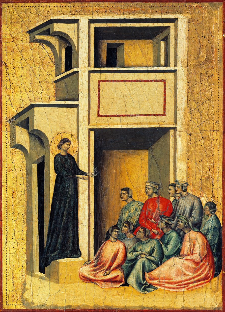 Santa Cecília convertendo soldados de prefeito, detalhe de retábulo representando Lenda de Santa Cecília, cerca de 1304, pelo Mestre de Santa Cecília (activo no início do século XIV), tempera em painel e folha de ouro estampada, 85x181 cm de Master of Saint Cecilia